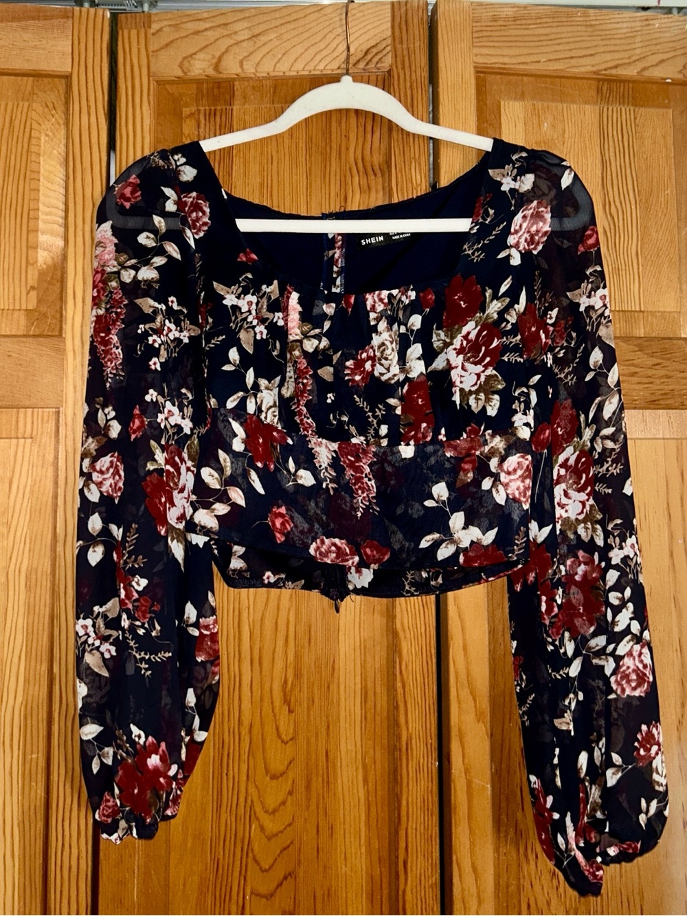 SHEIN Navy Floral Square-Neck Puff Sleeve Blouse